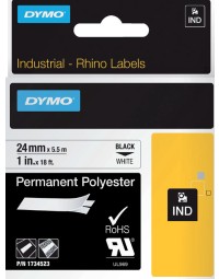 Labeltape dymo rhino industrieel polyester 24mm zwart op wit