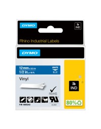 Labeltape dymo rhino 1805243 12mmx5.5m vinyl wit op blauw