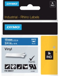 Labeltape dymo rhino 18054 19mmx5.5m vinyl wit op blauw